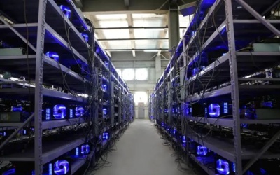 Expansive cryptocurrency mining farm with rows of operational mining hardware